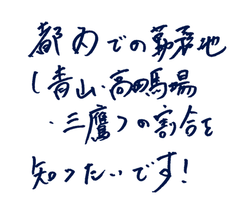 都内での勤務地(表参道・高田馬場・三鷹)の割合を知りたいです!